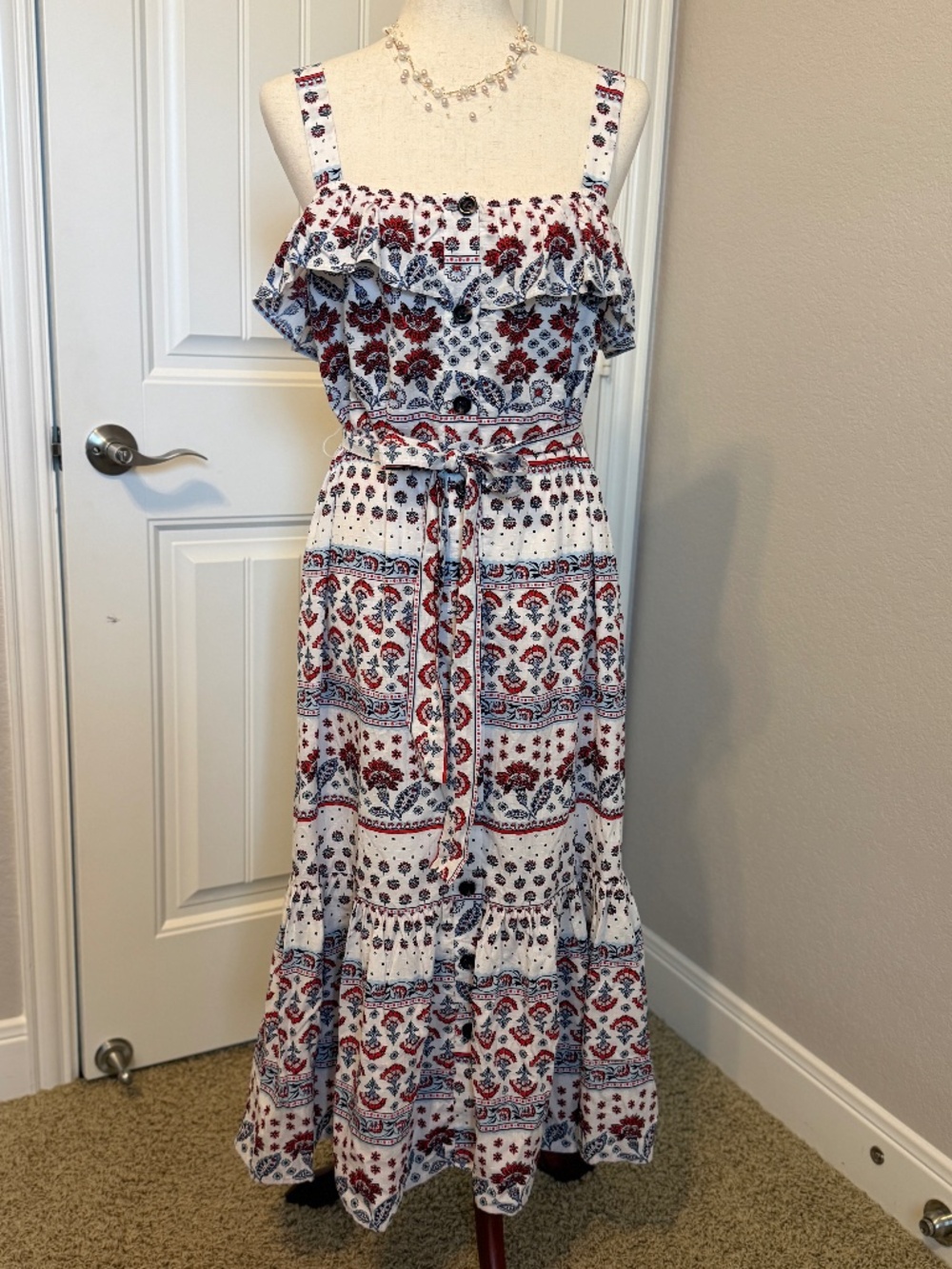Ann Taylor Boho Button Front Midi Dress with Tie Waist Size Medium